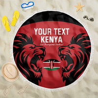Red round beach blanket with black lion graphics, Kenya emblem, and white fringe