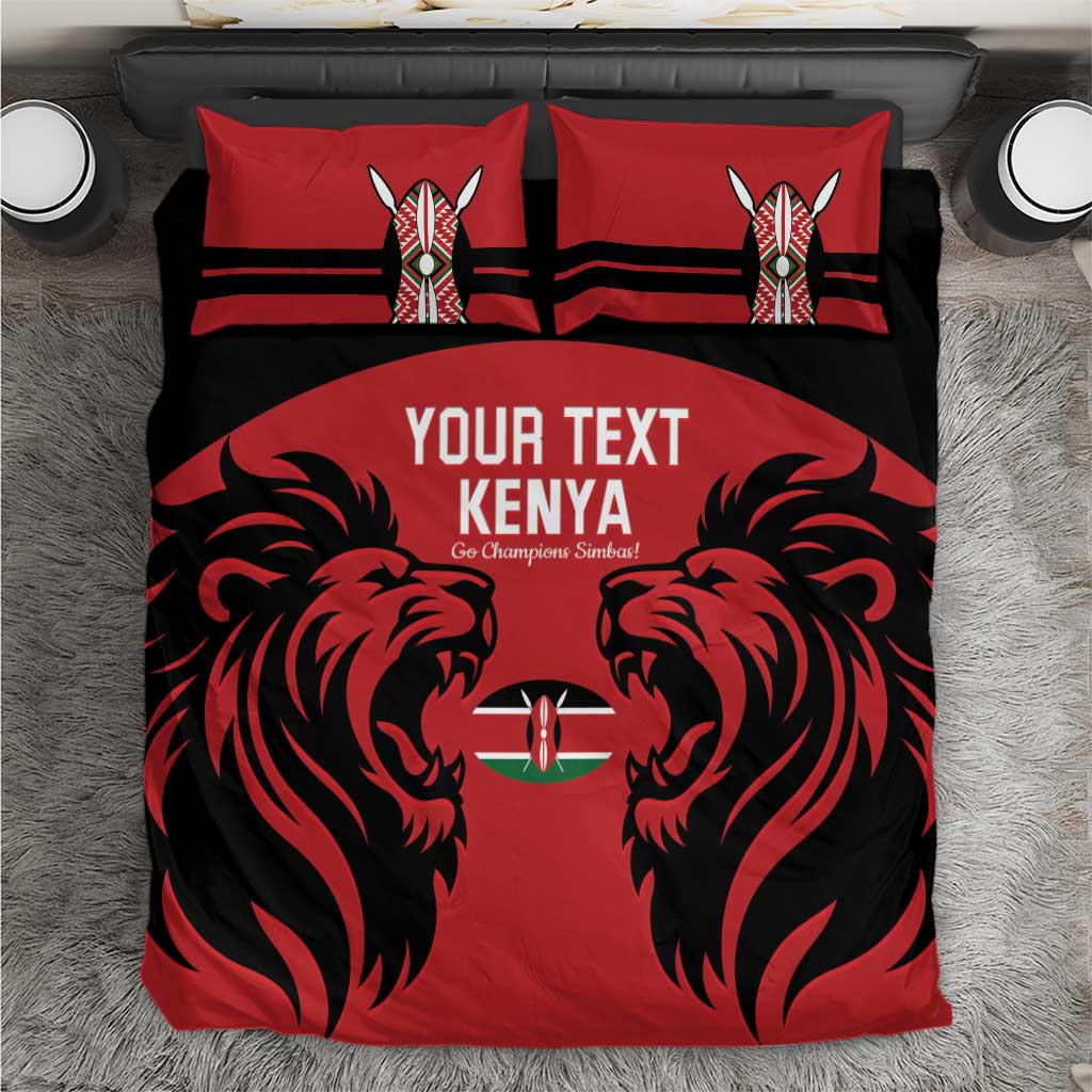 Red and black Kenya rugby bedding set with lion graphic and matching pillows.
