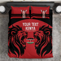 Red and black Kenya rugby bedding set with lion graphic and matching pillows.
