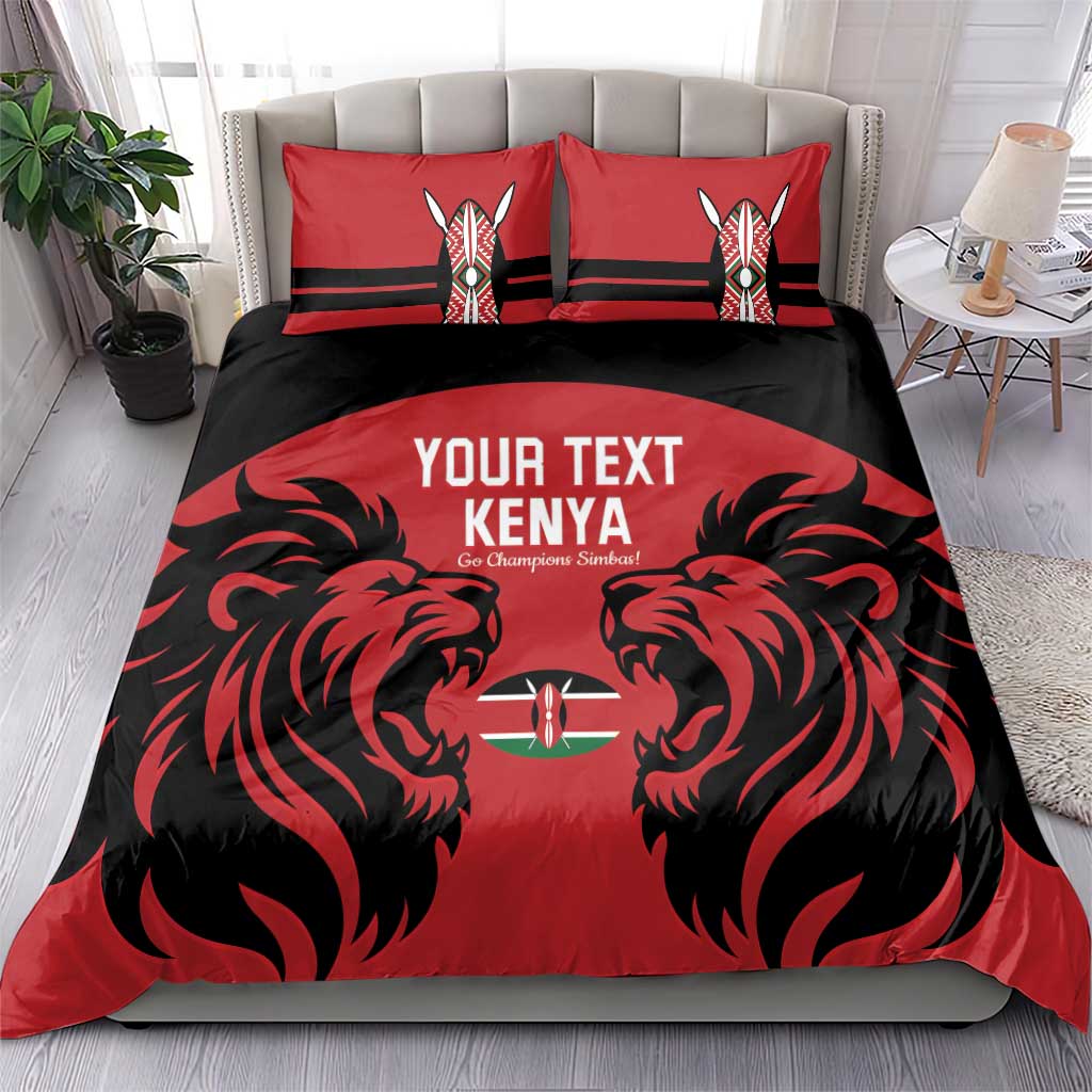 Red and black duvet cover with lion and Kenya text, plus two matching pillowcases.
