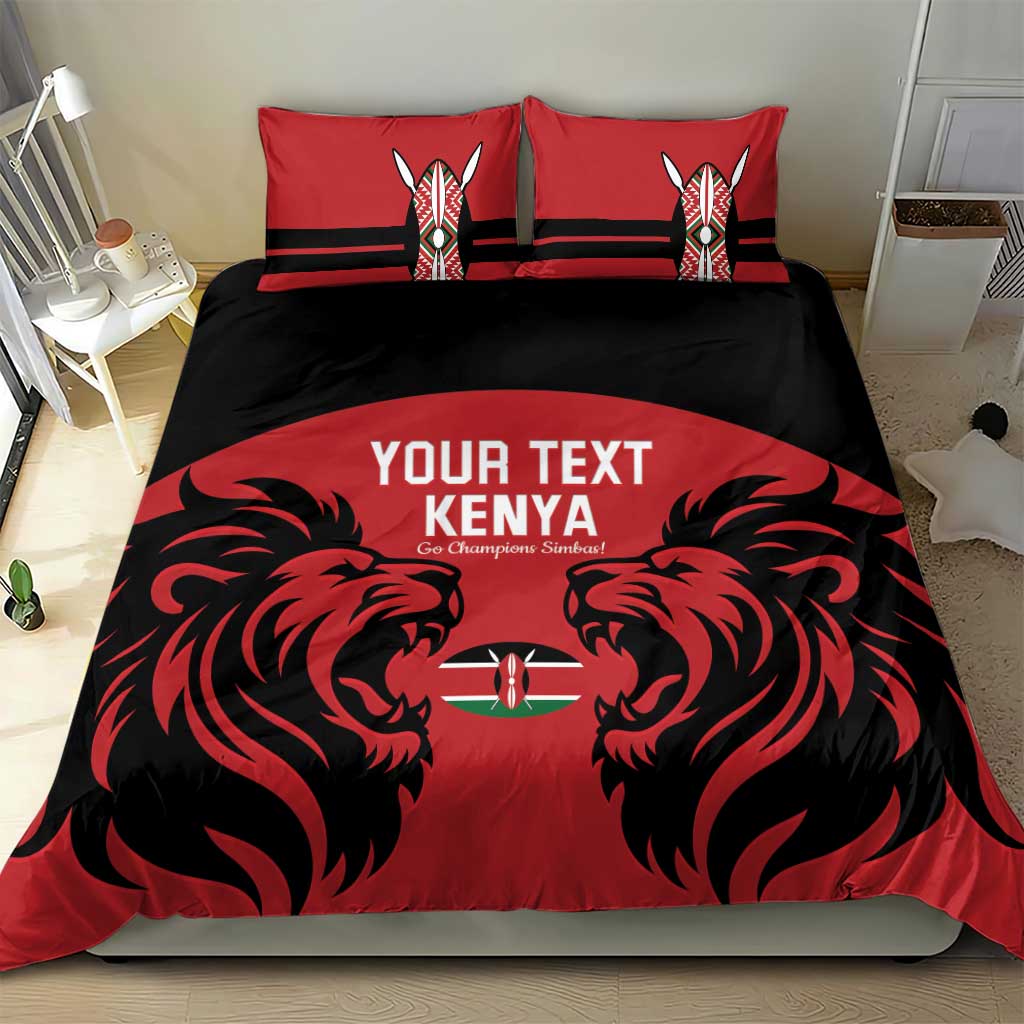 Red and black Kenya bedding set with lion artwork and matching pillow shams.