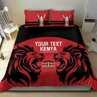 Red and black Kenya bedding set with lion artwork and matching pillow shams.