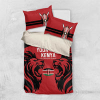 Red and black bedding set with two pillow covers and lion crest duvet.