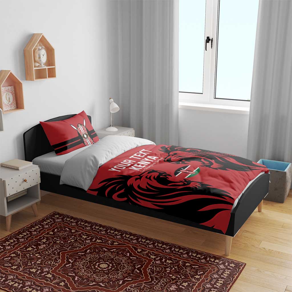 Red and black duvet cover with lion graphic and Kenya text, on bed with two pillows.