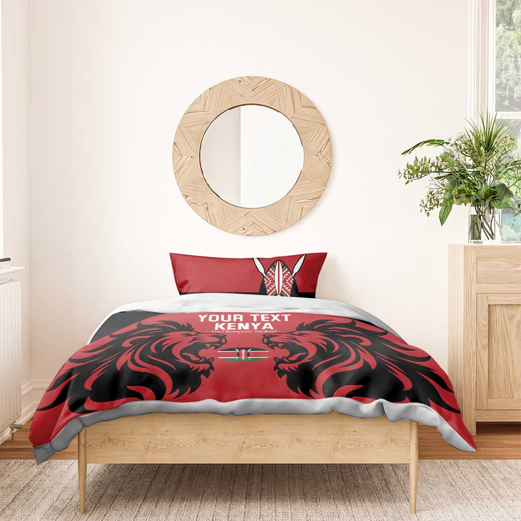 Red and black duvet with lion artwork and Kenya text, with two matching pillow shams.