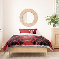 Red and black duvet with lion artwork and Kenya text, with two matching pillow shams.