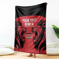 Hanging Kenya rugby blanket showing red center with black lion faces and "YOUR TEXT KENYA"