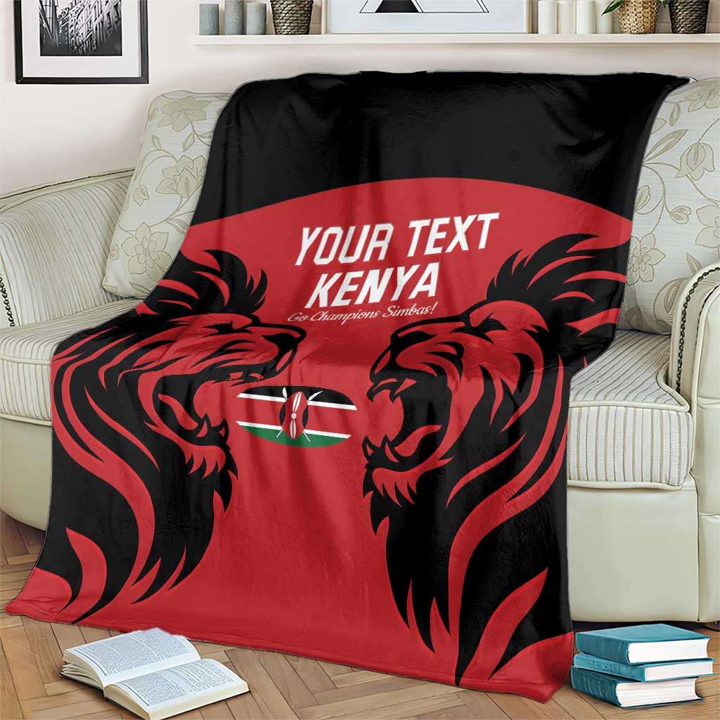 Red and black Kenya rugby blanket on a couch with lion artwork and "YOUR TEXT KENYA" text