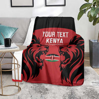 Red and black Kenya rugby blanket with lion graphic, centered crest, and customizable text