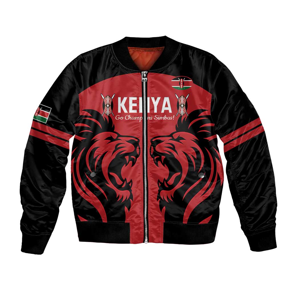 Unisex red-and-black satin bomber jacket with front zipper, lion crest and Kenya flag patch