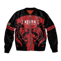 Unisex red-and-black satin bomber jacket with front zipper, lion crest and Kenya flag patch