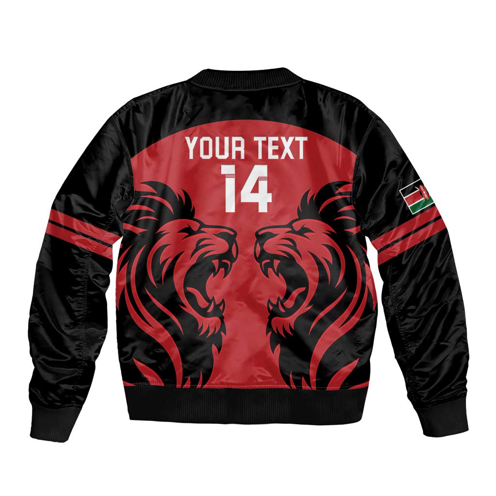 Unisex red-and-black bomber jacket back with 'YOUR TEXT 14' lion graphic and Kenya sleeve patch