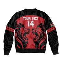 Unisex red-and-black bomber jacket back with 'YOUR TEXT 14' lion graphic and Kenya sleeve patch