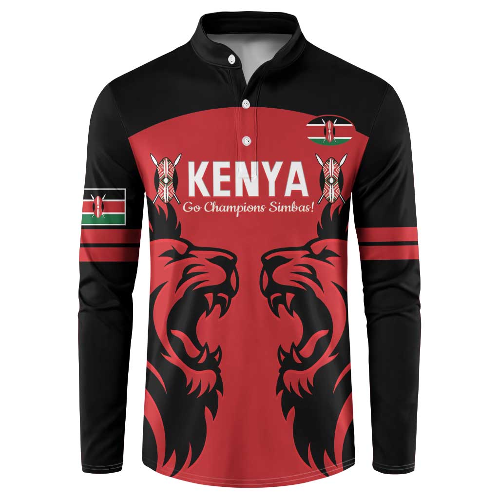 Red rugby button sweatshirt with Kenya logo, lion graphics, and striped sleeve cuffs
