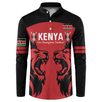 Red rugby button sweatshirt with Kenya logo, lion graphics, and striped sleeve cuffs
