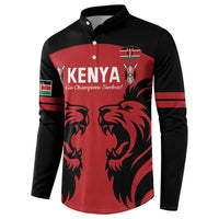 Red front rugby button sweatshirt with Kenya emblem, lion art, and striped sleeves