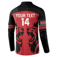 Red back rugby button sweatshirt with "YOUR TEXT" and number 14, lion graphics