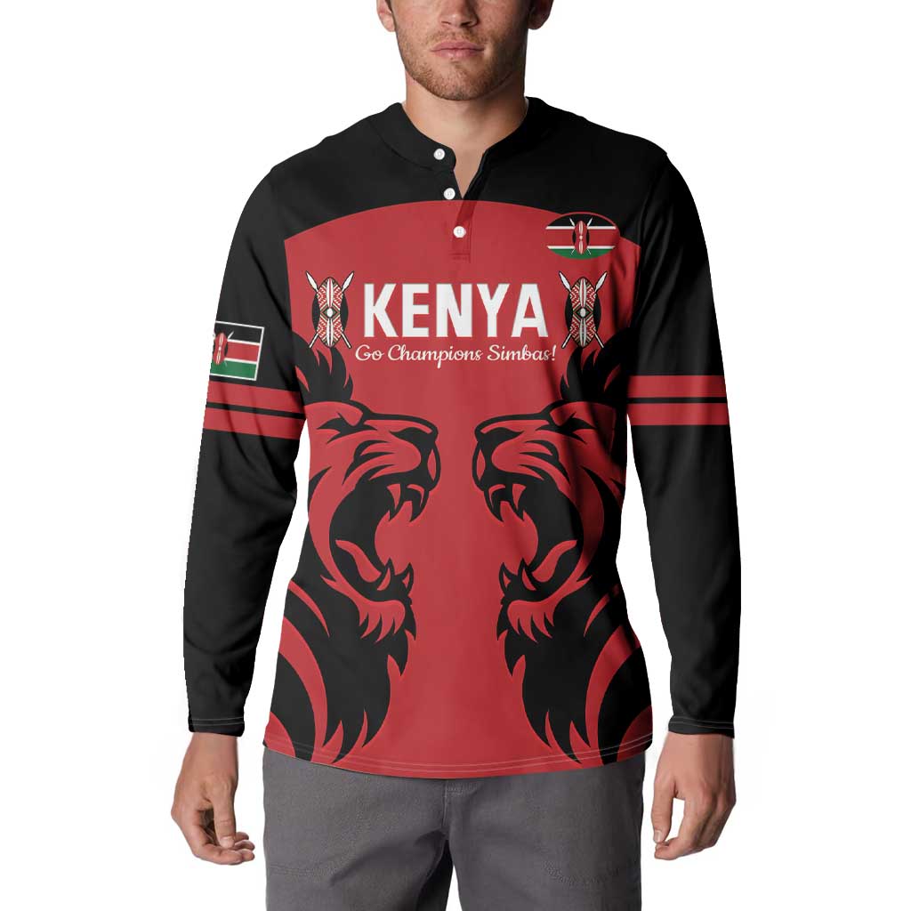 Black and red rugby button sweatshirt with KENYA text, lion design, and striped sleeves