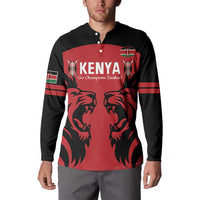 Black and red rugby button sweatshirt with KENYA text, lion design, and striped sleeves