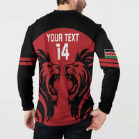 Red back rugby button sweatshirt with "YOUR TEXT" and 14, lion graphics, Kenya flag patch