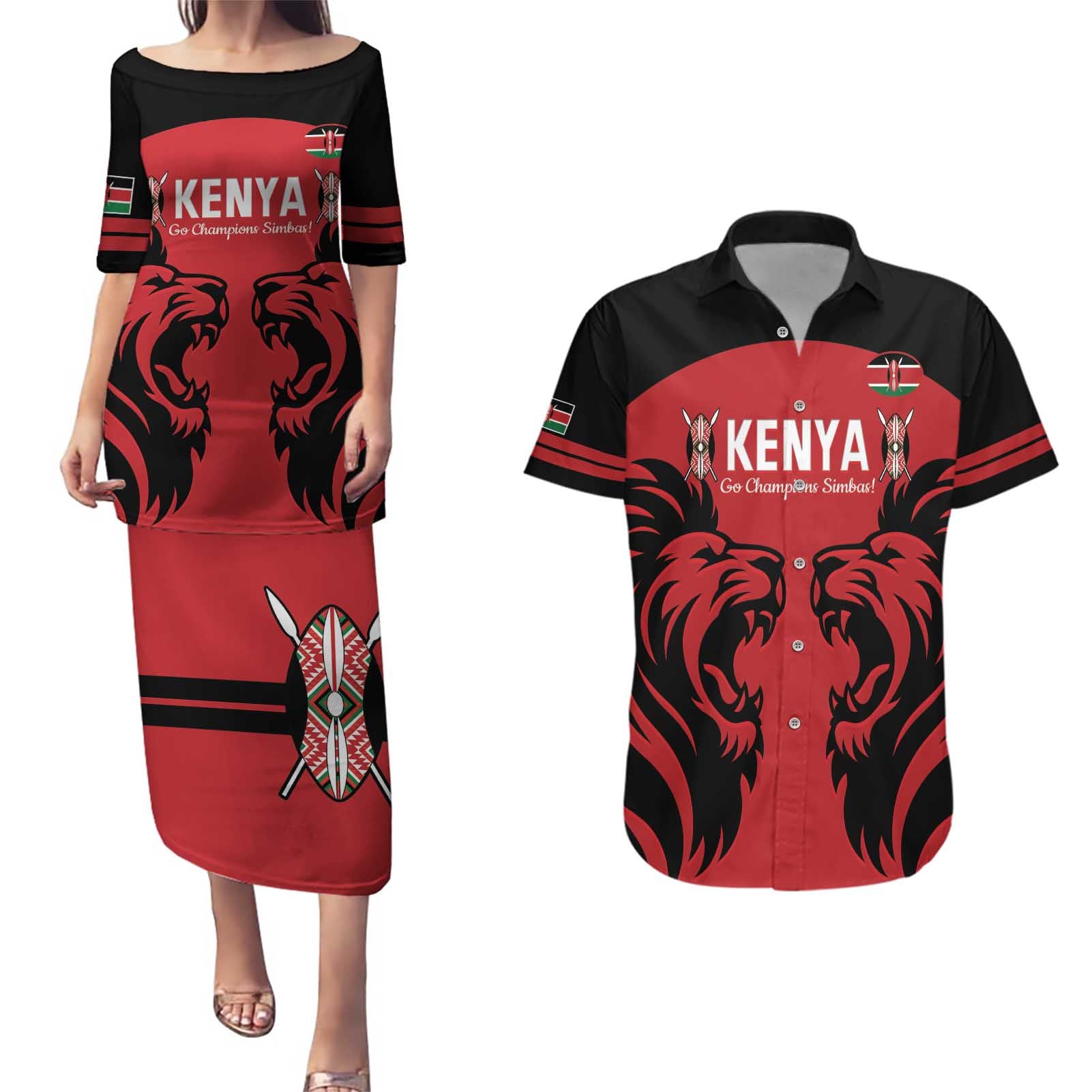 Custom Kenya Rugby Couples Matching Puletasi and Hawaiian Shirt 2024 Go Champions Simbas - Red