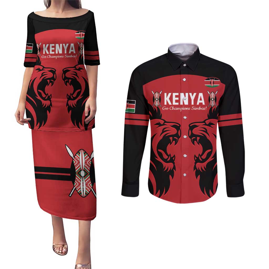 Custom Kenya Rugby Couples Matching Puletasi and Long Sleeve Button Shirt 2024 Go Champions Simbas - Red