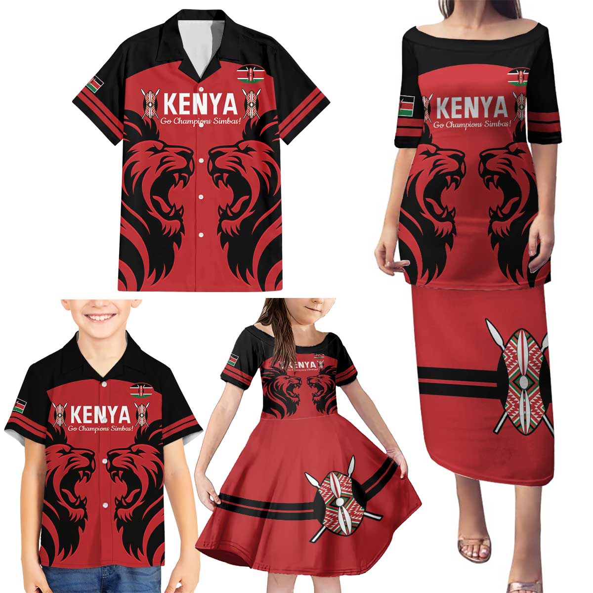 Custom Kenya Rugby Family Matching Puletasi and Hawaiian Shirt 2024 Go Champions Simbas - Red