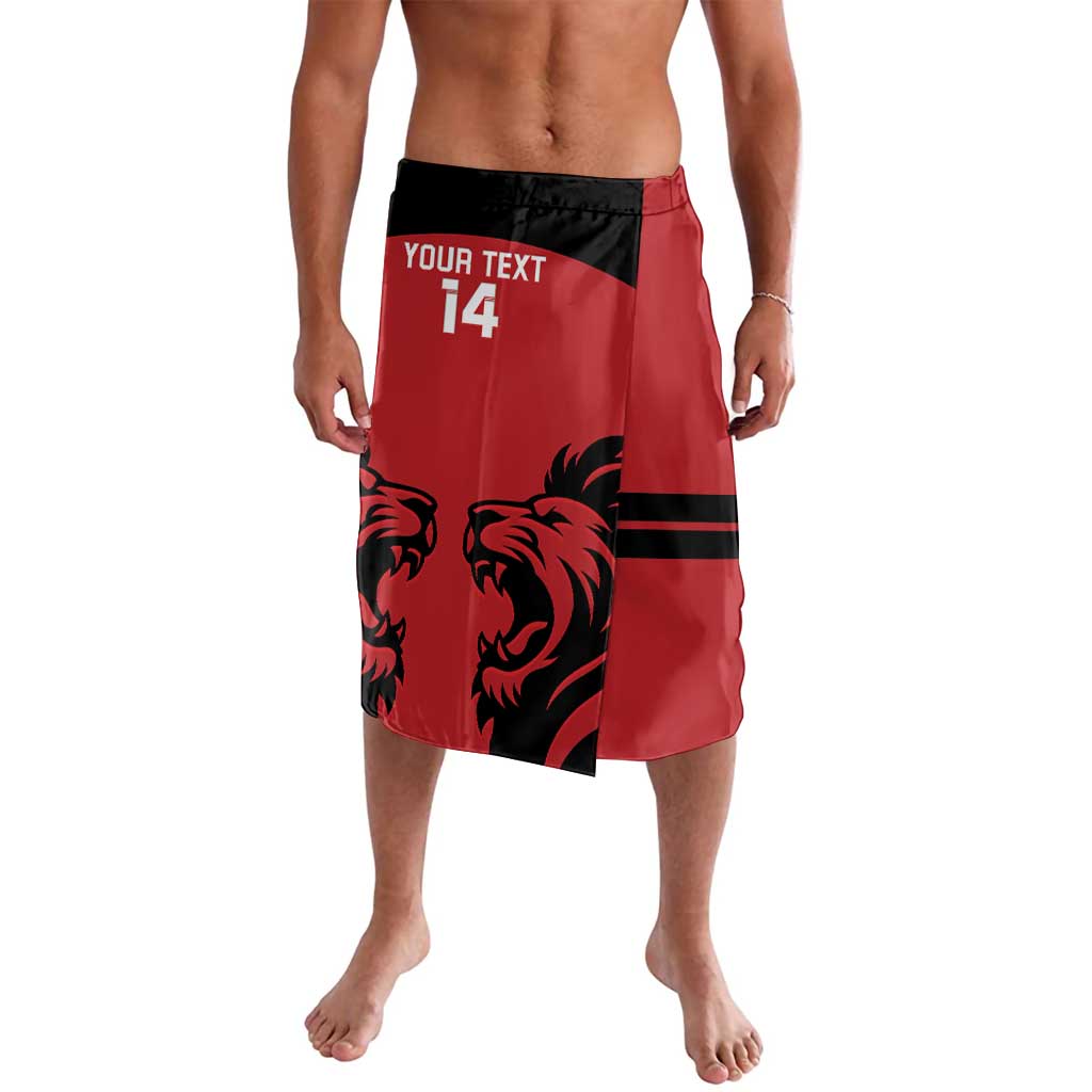 Men's red rugby shorts with black lion graphic and number 14 panel
