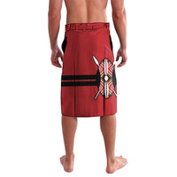 Men's red rugby shorts with oval emblem and crossed rugby stick graphic