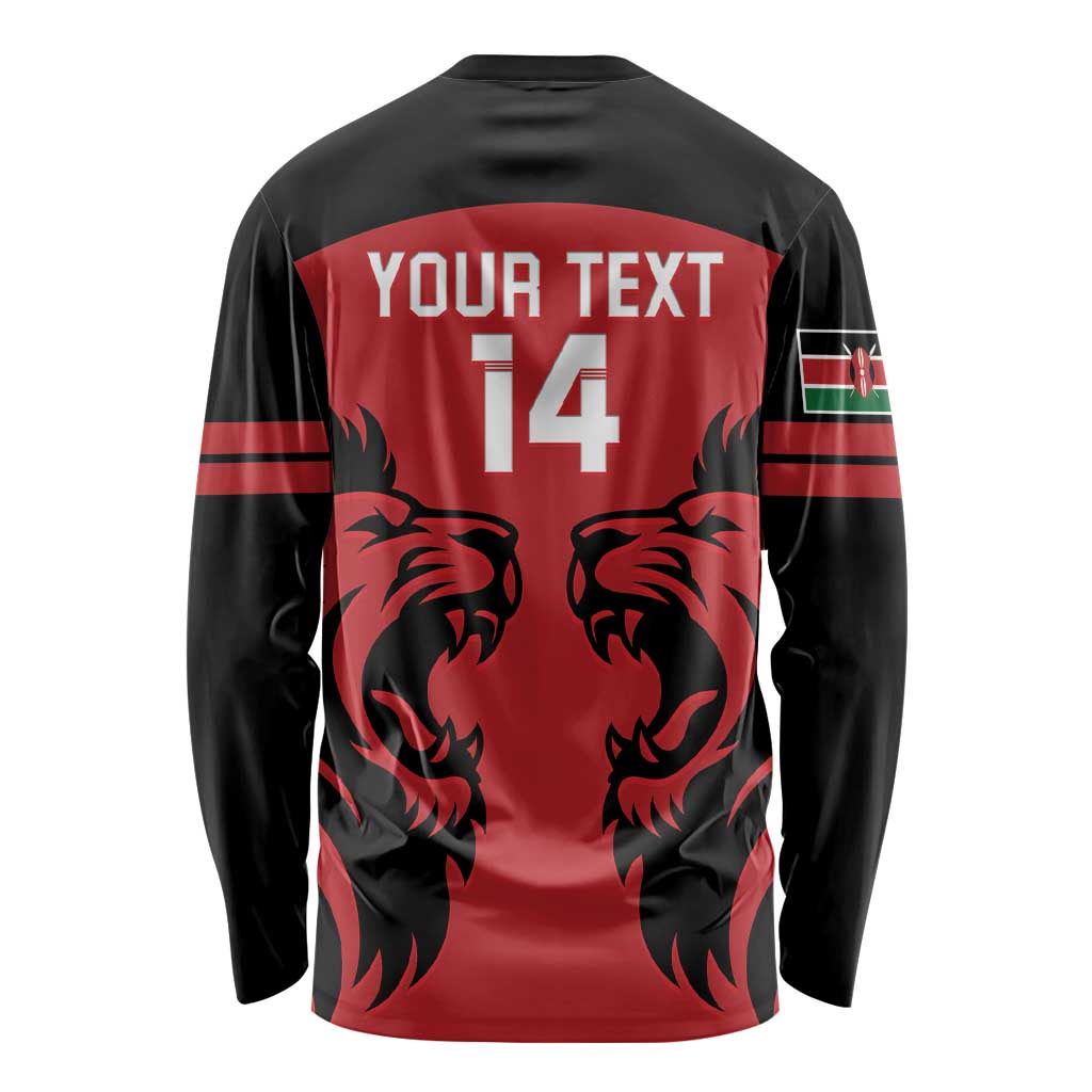 Red and black rugby long sleeve shirt with 'YOUR TEXT T14' back print and lions