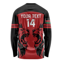 Red and black rugby long sleeve shirt with 'YOUR TEXT T14' back print and lions