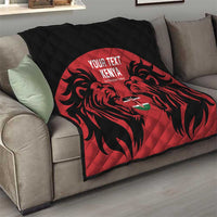 Red and black quilt draped over a sofa with lion emblem and "YOUR TEXT KENYA" text