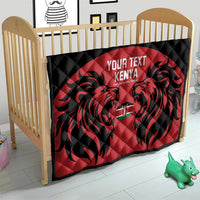 Red and black quilt on a bed with lion emblem and "YOUR TEXT KENYA" text