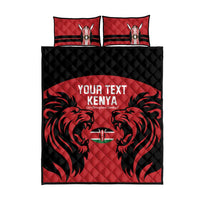 Red and black quilt cover with lion graphic and 'YOUR TEXT KENYA', plus two red pillow covers