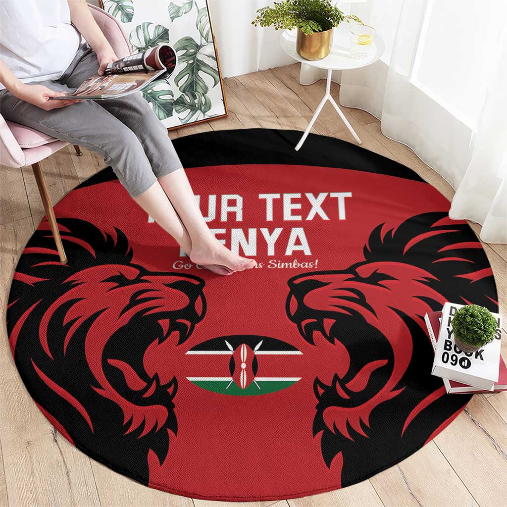 Red round rugby carpet with black lion emblems and Kenya flag crossbar