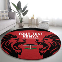 Red round rugby carpet with bold black lions and 'YOUR TEXT KENYA' center print