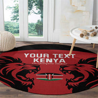 Red round rugby carpet with black lion graphics and Kenya flag center design