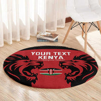Red round rugby carpet with black lion patterns and Kenya text banner center
