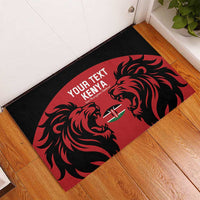 Red and black custom rugby doormat with lion graphic and “YOUR TEXT KENYA”