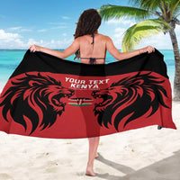 Red sarong towel with black lion graphic and 'YOUR TEXT KENYA' wide panel print