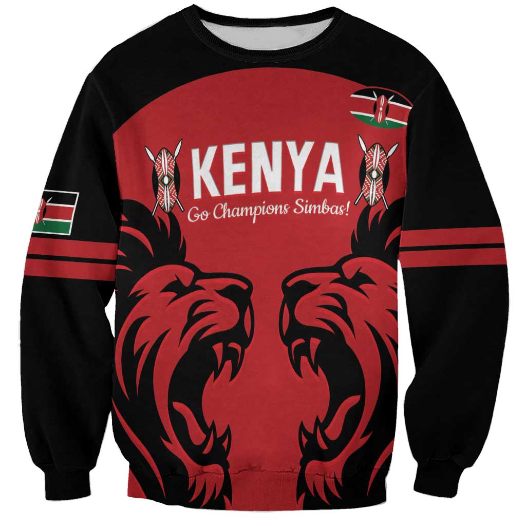 Red and black Kenya rugby sweatshirt with lions graphic and Go Champions Simbas