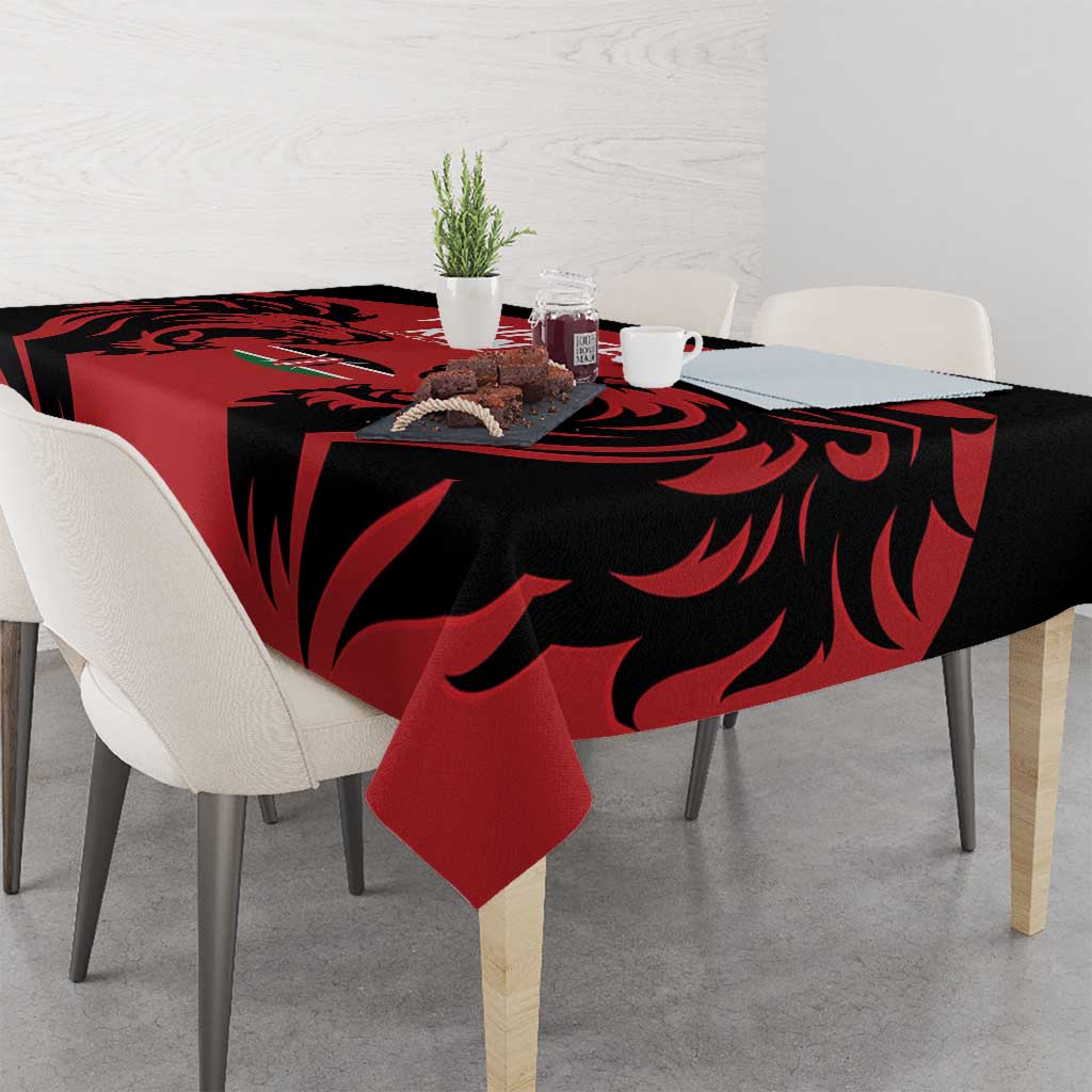 Rectangular red and black tablecloth with bold lion design and artwork