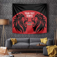 Rectangular rugby wall tapestry in red and black with lion heads and shield emblem