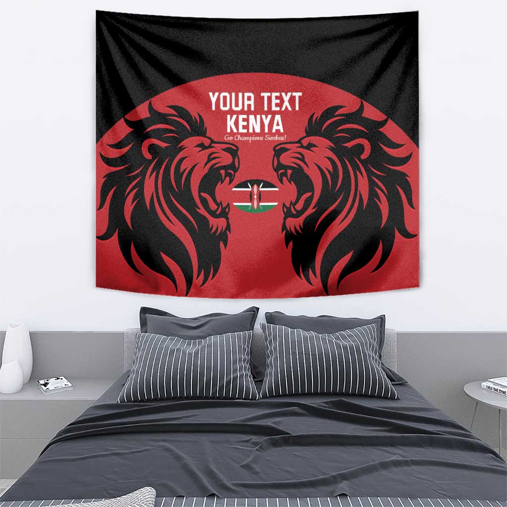 Red and black rugby tapestry wall hanging with two roaring lion faces and shield emblem