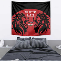 Red and black rugby tapestry wall hanging with two roaring lion faces and shield emblem