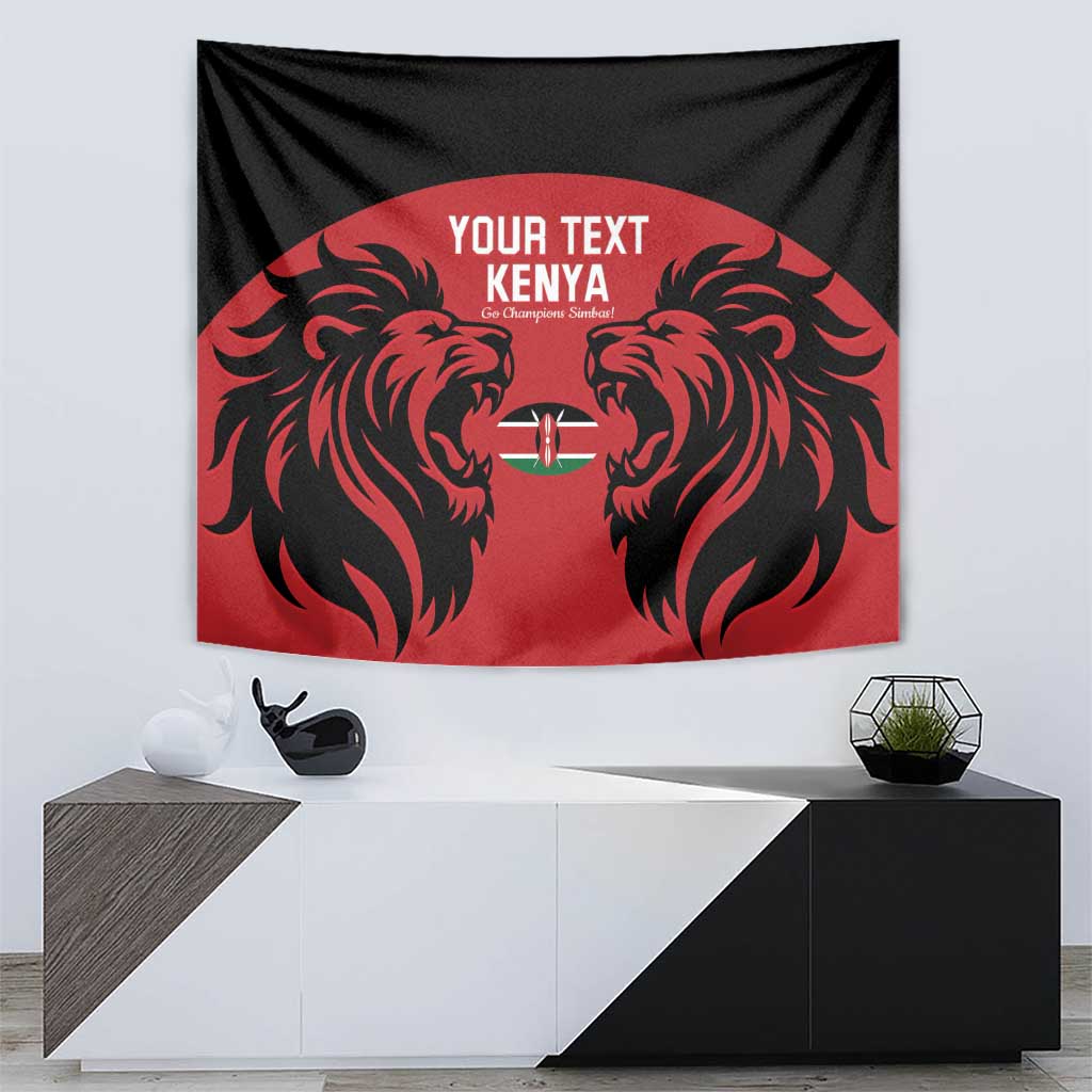 Red and black rugby tapestry wall hanging with mirrored lion faces and shield emblem