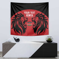 Red and black rugby tapestry wall hanging with mirrored lion faces and shield emblem