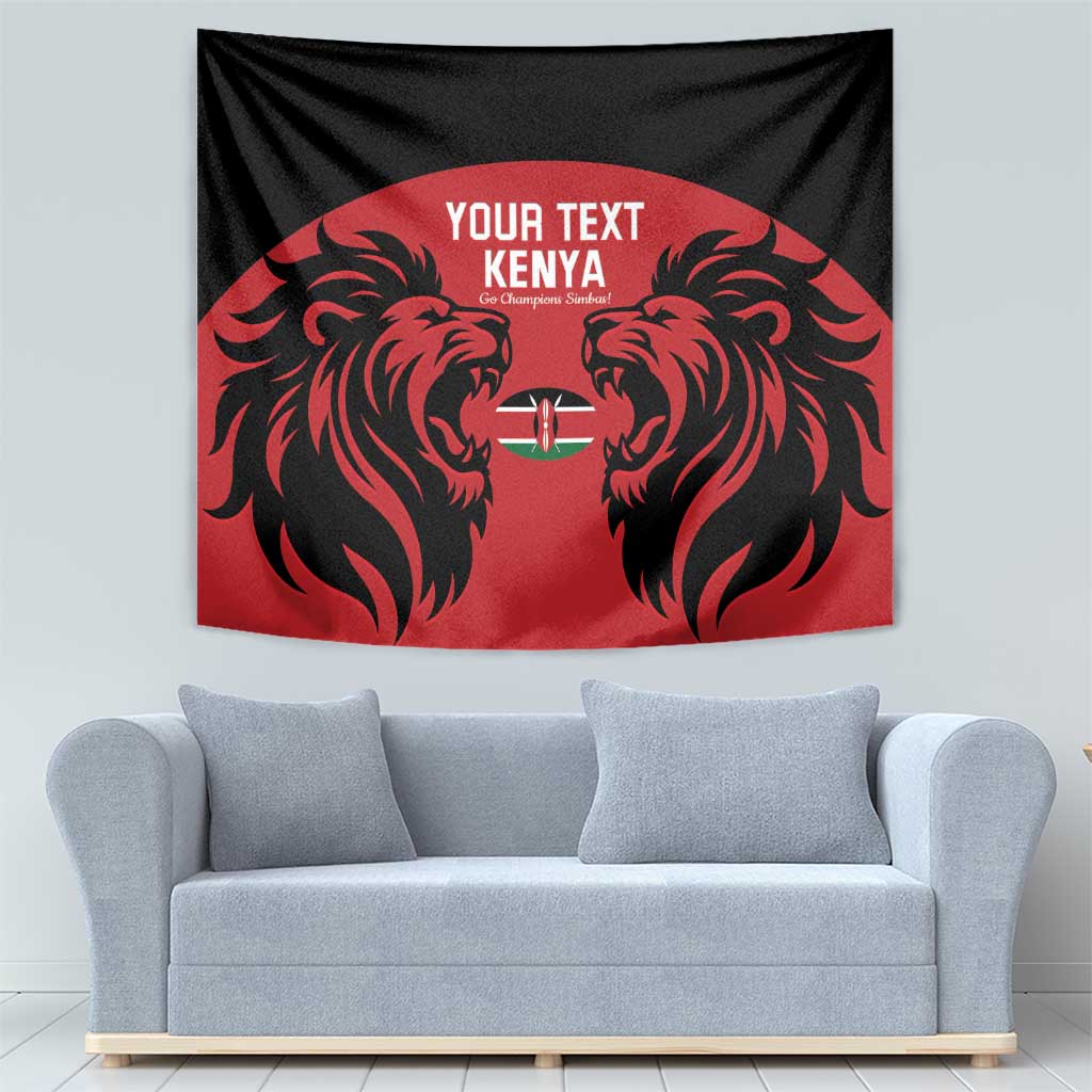 Red and black rugby tapestry wall hanging featuring lion faces and a shield emblem