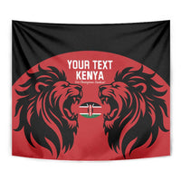 Red and black rugby wall tapestry with lion head artwork and centered shield emblem