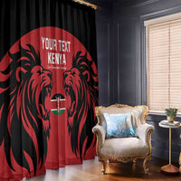 Red Kenya curtain with lion graphic and Kenya text, draped beside upholstered chair